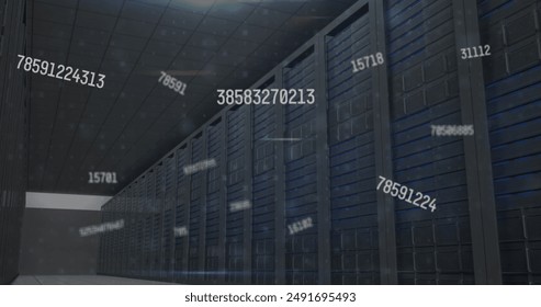 Image of numbers and data processing over computer servers. Global business, finances, cloud computing and data processing concept digitally generated image.