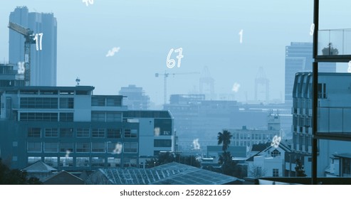 Image of numbers and data processing over cityscape. Global business, finances, computing and data processing concept digitally generated image.