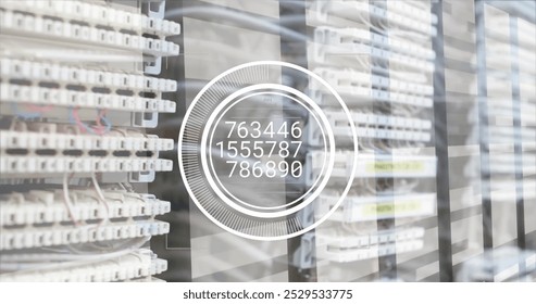 Image of numbers and data processing over computer servers. Global computing and data processing concept digitally generated image.