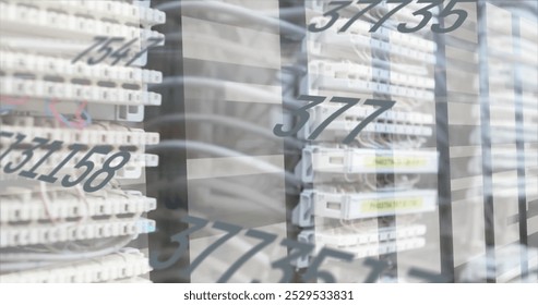 Image of numbers and data processing over computer servers. Global computing and data processing concept digitally generated image.