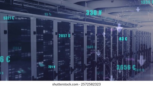 Image of numbers and data processing over computer servers. Global business, finances, cloud computing and data processing concept digitally generated image.