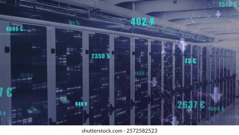 Image of numbers and data processing over computer servers. Global business, finances, cloud computing and data processing concept digitally generated image.