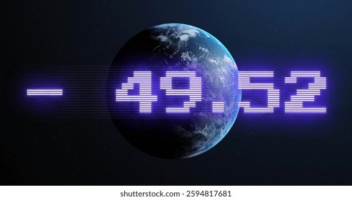 Image of numbers data processing over globe. Global connections, computing and data processing concept digitally generated image.