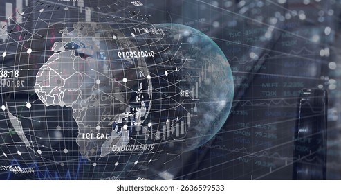 Image of numbers and data processing over globes. Global data processing, business, finance and statistics concept digitally generated image.