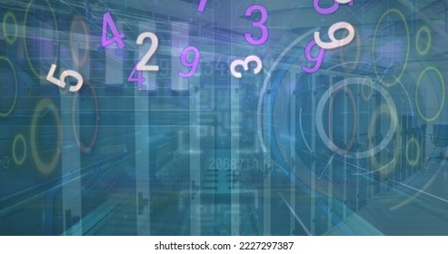 Image of numbers, data processing and sever room. Digital space, computers, network and technology concept digitally generated image.