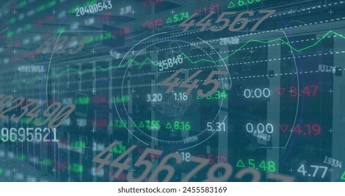 Image of numbers and financial data processing over computer servers. Global business, data processing, digital interface and connections concept digitally generated image.