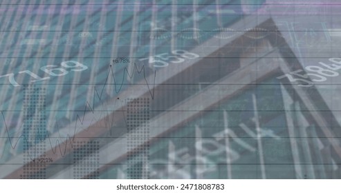 Image of numbers and financial data processing over cityscape. Global business, finance, computing and data processing concept digitally generated image.