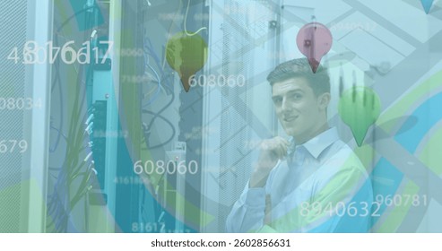 Image of numbers floating over caucasian man working in a server room. digital interface global connections concept digitally generated image. - Powered by Shutterstock - Get 15% off with code: PIKWIZARD15