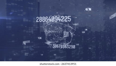 Image of numbers, globe and connections over cityscape. Global network, data processing and technology concept digitally generated image. - Powered by Shutterstock - Get 15% off with code: PIKWIZARD15
