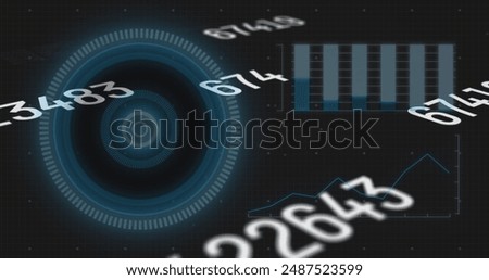 Image of numbers, graph with hud processing on digital interface. Digital composite, artificial intelligence, communication, cloud computing, technology, finance, economy.