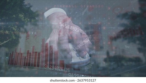 Image of numbers and graph over hand of caucasian man holding mouse and cityscape. Data processing, digital screen and technology concept digitally generated image. - Powered by Shutterstock - Get 15% off with code: PIKWIZARD15