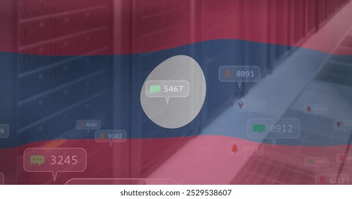 Image of numbers and icon in notification bars over flag of laos against server room. Digital composite, multiple exposure, social media, freedom, patriotism, networking and technology concept. - Powered by Shutterstock