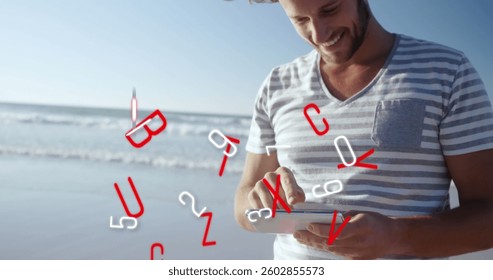 Image of numbers and letters changing over woman using tablet. digital interface global connection and social media concept digitally generated image.