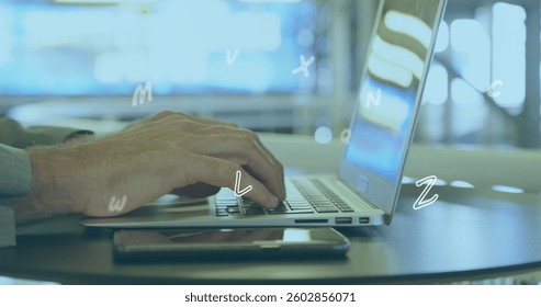 Image of numbers and letters moving over man typing on laptop. digital interface global connection and communication concept digitally generated image.