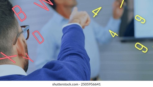 Image of numbers and letters over diverse business people in office. Global finance, business, connections, computing and data processing concept digitally generated image.
