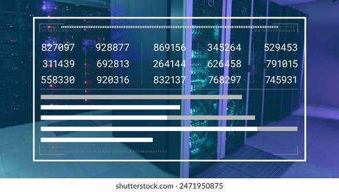 Image of numbers on screen over data server racks. Digital composite, multiple exposure, coding, data processing, network security, data center, networking, technology, network server.