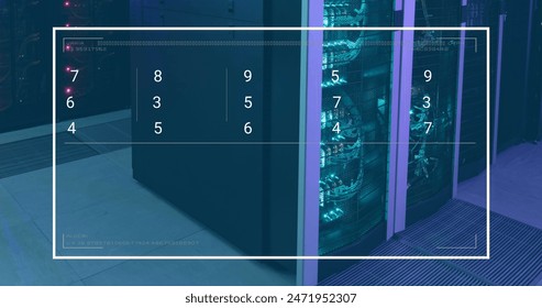 Image of numbers on screen over data server racks. Digital composite, multiple exposure, coding, data processing, network security, data center, networking, technology, network server.