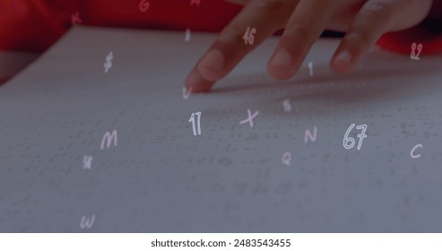 Image of numbers over caucasian schoolgirl reading braille. Global disability, education, learning, school, computing and data processing concept digitally generated image. - Powered by Shutterstock