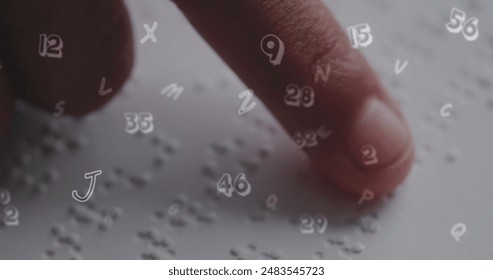 Image of numbers over caucasian schoolgirl reading braille. Global disability, education, learning, school, computing and data processing concept digitally generated image. - Powered by Shutterstock