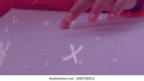 Image of numbers over caucasian schoolgirl reading braille. Global disability, education, learning, school, computing and data processing concept digitally generated image. - Powered by Shutterstock