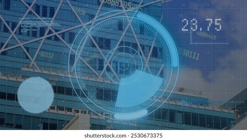 Image of numbers, processing circle and financial data on digital screen over office building. Global finance, economy, data processing and technology concept digitally generated image.