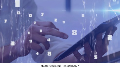 Image of numbers processing and network of connections over woman using tablet. global business, technology, data processing and digital interface concept digitally generated image.