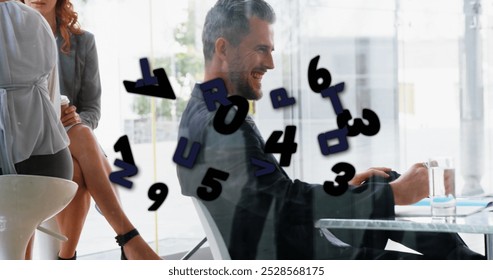 Image of numbers processing over caucasian businessman in office. Global business, finances, computing and data processing concept digitally generated image.