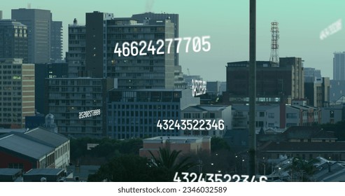 Image of numbers processing over cityscape. Global business, finances, computing and data processing concept digitally generated image.