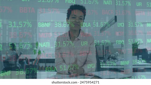 Image of numbers processing over smiling caucasian couple at beach. Global technology finances business and data processing concept digitally generated image.