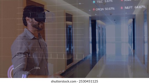 Image of numbers and statistics over caucasian man wearing vr headset. Global business, digital interface and data processing concept digitally generated image.