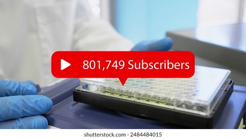 Image of numbers, subscribers text in notification bars, close up of researcher and equipment. Digital composite, multiple exposure, business, growth, notification and medical concept.