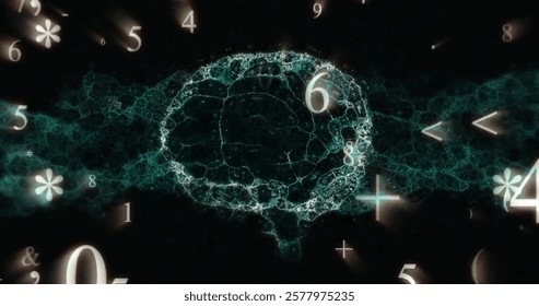 Image of numeric data and symbols over glowing brain network on dark background. Connection, data, ai, network, digital interface and communication, digitally generated image.