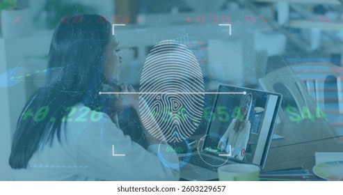 Image of online biometric fingerprint over woman on laptop image call. global internet security, connections, technology and data processing concept digitally generated image.