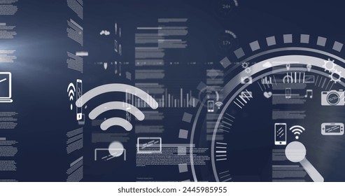 Image of online icons data processing on blue background. Global connections and digital interface concept digitally generated image.