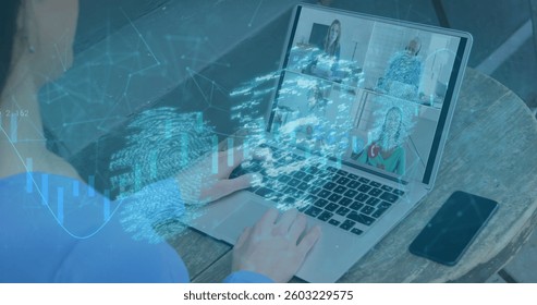 Image of online security padlock and biometric fingerprint over people on laptop image call. global internet security, connections and digital interface concept digitally generated image.