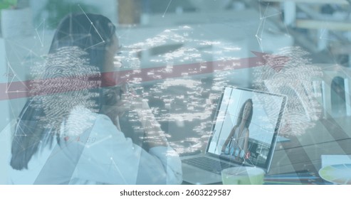 Image of online security padlock and biometric fingerprint over woman on laptop image call. global internet security, connections, technology and data processing concept digitally generated image.