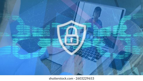 Image of online security padlock and chain over man on laptop image call. global internet security, technology and digital interface concept digitally generated image.