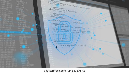 Image of online security padlock and data processing on screens over blue background. digital interface, global technology and connection concept digitally generated image.
