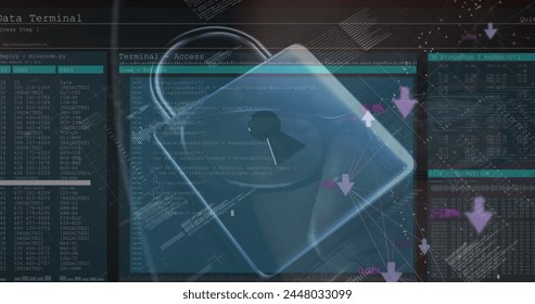 Image of online security padlock and data processing. global computing, online security and data processing concept digitally generated image.