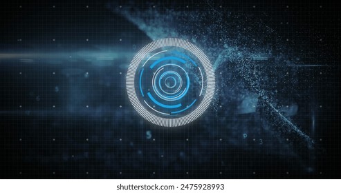 Image of online security padlock, data processing, scope scanning and computer circuit board. global data processing, computing and digital interface concept digitally generated image.