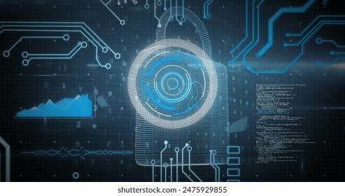Image of online security padlock, data processing, scope scanning and computer circuit board. global data processing, computing and digital interface concept digitally generated image.