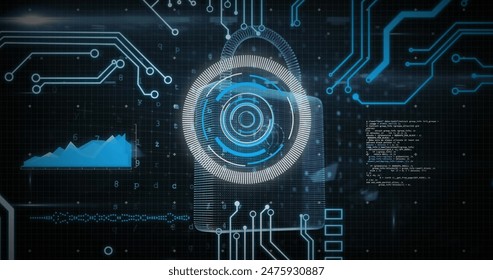 Image of online security padlock, data processing, scope scanning and computer circuit board. global data processing, computing and digital interface concept digitally generated image.
