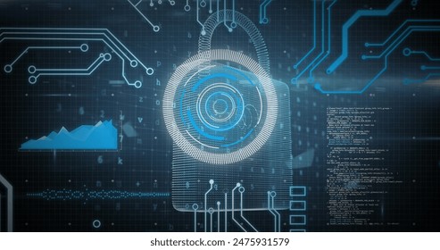 Image of online security padlock, data processing, scope scanning and computer circuit board. global data processing, computing and digital interface concept digitally generated image. - Powered by Shutterstock