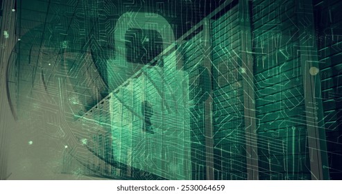 Image of online security padlock and data processing over circuit board and computer servers. global online security, data processing and cyber crime concept digitally generated image.