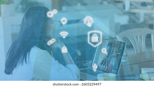 Image of online security padlock and digital icons over woman on laptop image call. global internet security, connections, technology and data processing concept digitally generated image.