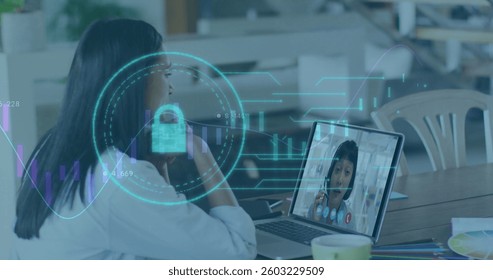 Image of online security padlock and digital icons over woman on laptop image call. global internet security, connections, technology and data processing concept digitally generated image.