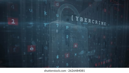Image of online security padlock icon and data processing. Global internet security data processing connections and digital interface concept digitally generated image.