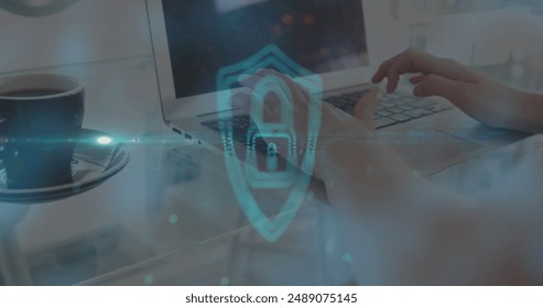 Image of online security padlock over woman using laptop. Global online security, business, finance, computing and data processing concept digitally generated image.
