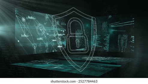Image of online security padlock over data processing on screens. global internet security, technology, connections and digital interface concept digitally generated image.