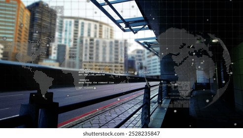 Image of online security padlock over data processing and empty office. Global communication data networking and digital interface concept digitally generated image.